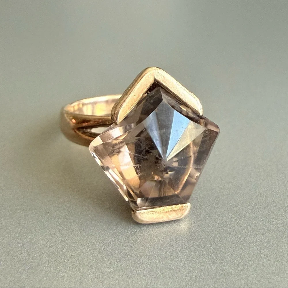 Estate Solid 14k Rose Gold Smoky Topaz Geometric Modernist Vintage Cockt…